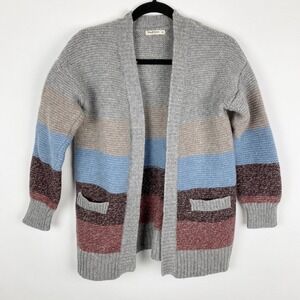 WoolOvers Striped Knit Open Front Cardigan Sweater Women's Size M Grey Lambswool